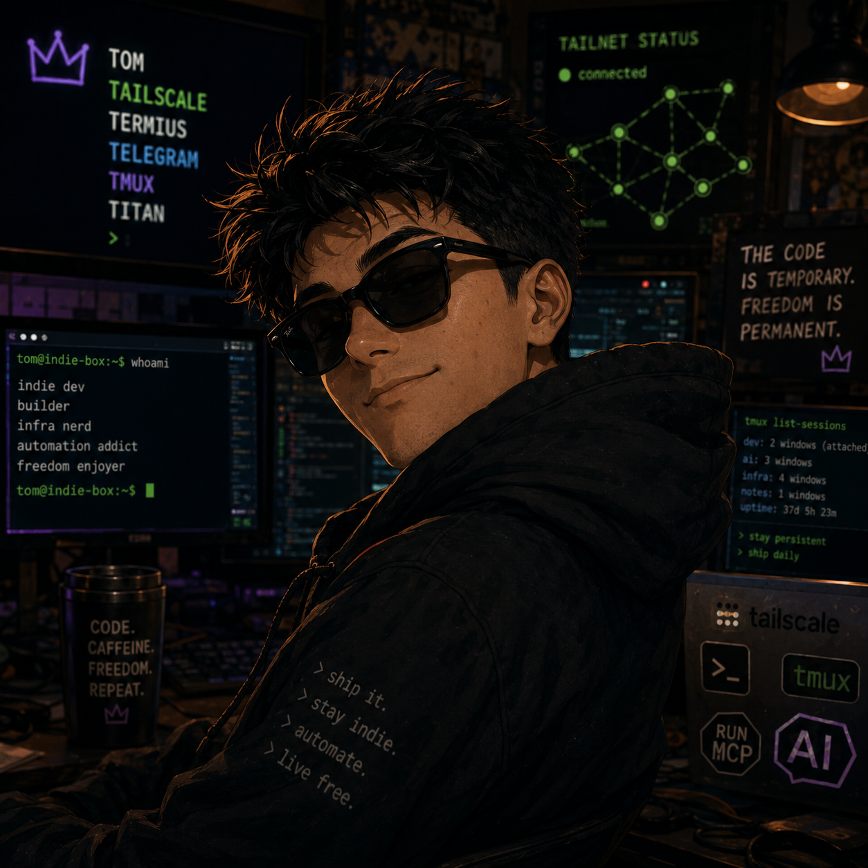 Portrait of the Hashimoto Labs founder in a terminal-filled workspace